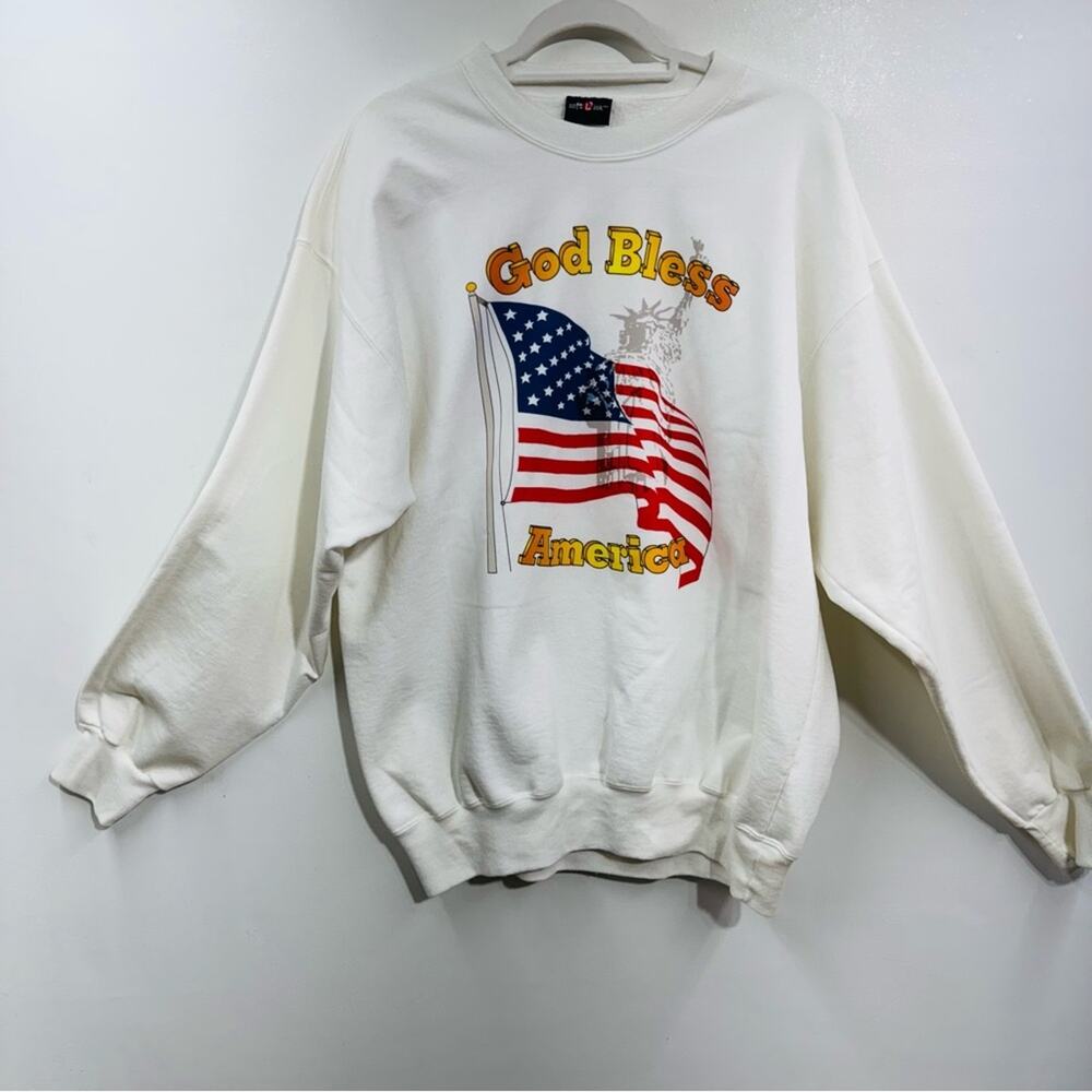 Vintage Sweatshirt Crew Neck White God Bless America‎ Long Sleeve Size XL